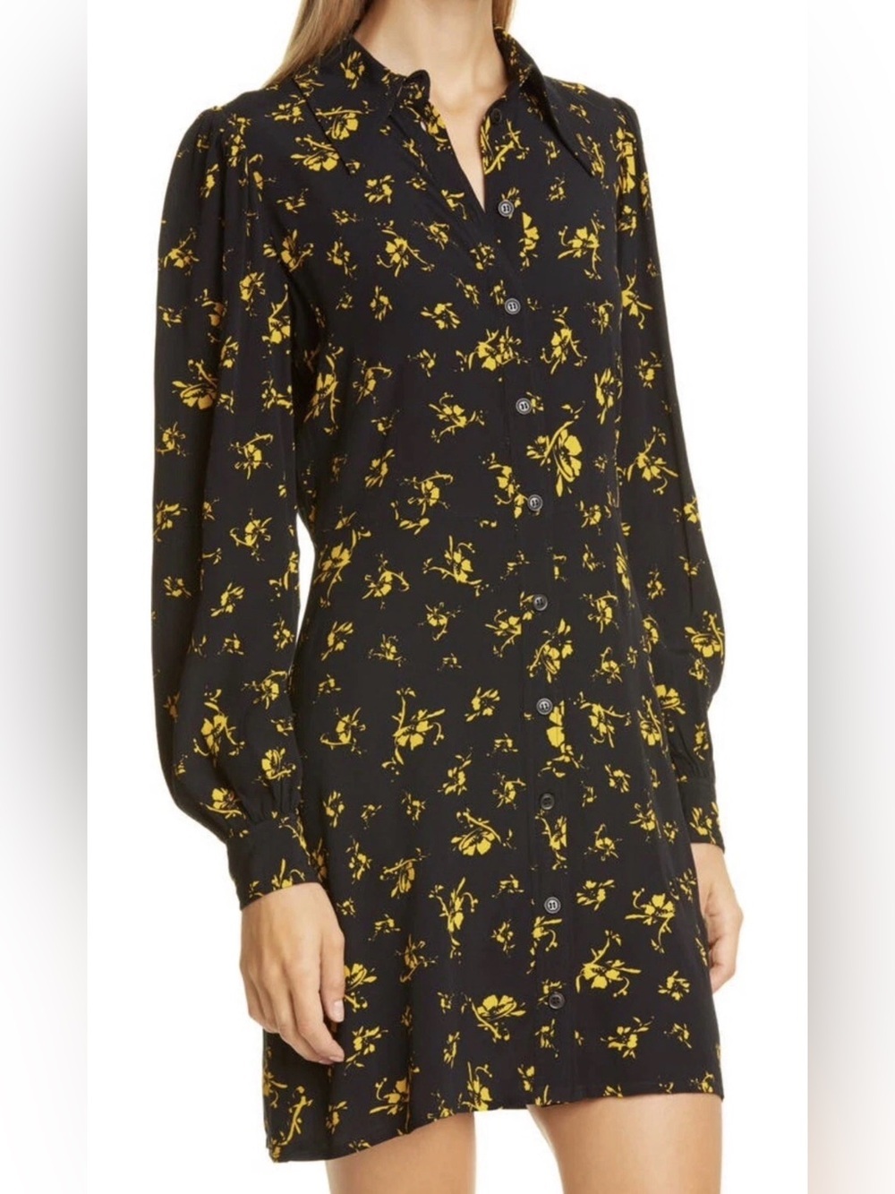 GANNI Black Yellow Floral Button Front Mini Shirt Dress Long Sleeve XS EU 34